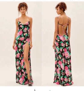 NWT S For Love & Lemons Becca Backless Maxi Dress Black Pink Floral Side Slit - Picture 1 of 8