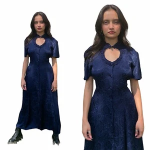 Vintage 80s 90th Goth Grunge Sweetheart Navy Floral Dress - Picture 1 of 12