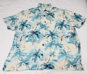 Mens XL CARIBBEAN Silk Blend Hawaiian Shirt Blue & Beige Island Palm Trees - Picture 1 of 4