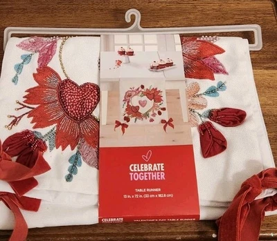 Celebrate Together Valentine's Embellished 13"x72" Table Runner Velvet Bows NEW  - Image 1 of 4