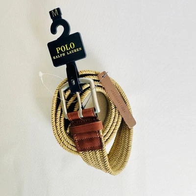 Nuevo con etiquetas Polo Ralph Lauren Tejido Cinturón Elástico Borde de Cuero Marrón Para Hombres M Preppy Viaje Foto 1 de 4