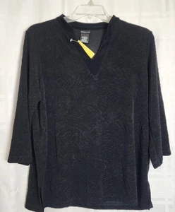 Citiknit Size L Black 3/4 Sleeve Pullover V Neck Top Textured Design USA - Picture 1 of 7