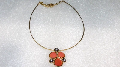 3 ROWS 19" METAL WIRE ORANGE & WHITE RHINESTONE PENDANT CHOKER NECKLACE - Image 1 of 4