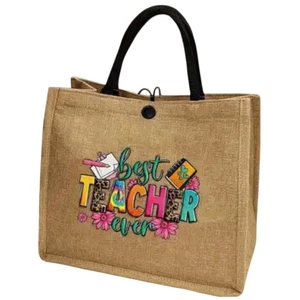 Borsa tote in lino grande stampata alfabeto Best TEACHER mai kaki stampa unilaterale - Foto 1 di 13