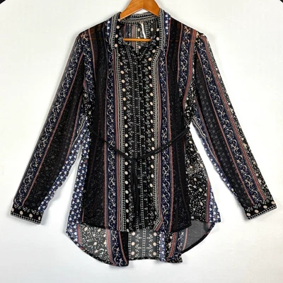 Blusa Top Free People Wms L Semi Transparente Negra Floral Rayas Luz de Luna Milla Boho Foto 1 de 4