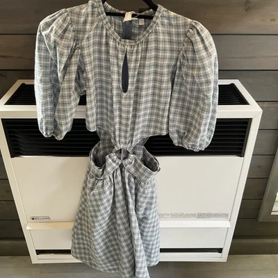 Jonathan Simkhai Soo Seersucker Plaid Puff-Sleeve Cutout Mini Dress XSmall - Image 1 of 4