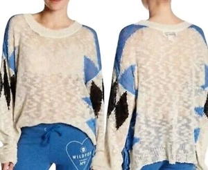 Wildfox Sweater Size XS Slouchy Cream Geometric Print Open Weave Boho Tie Up NWT - Picture 1 of 9