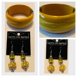 Vintage Mustard Yellow Swirl Hinged Bracelet Cuffed 1 1/4” Wide + Earrings - Picture 1 of 10