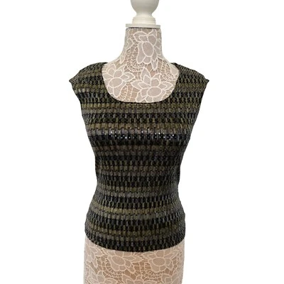 Blusa de fiesta Y2K envolvente de lentejuelas tejida metálica sin mangas negra dorada mediana Foto 1 de 4
