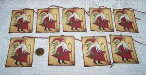 9~Christmas~Primitive~St Nicholas~Santa~Linen Cardstock~Gift~Hang~Tags~Ornaments - Picture 1 of 1