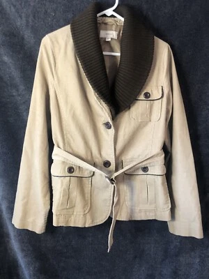 Abrigo chaqueta de pana para mujer beige marrón abotonada con bolsillos para cinturón talla mediana Foto 1 de 4