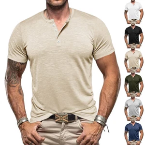 Men's Henley Grandad T Shirts Bamboo Tee Summer Short Sleeve Casual Loose Tops - Picture 1 of 32