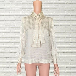 Vintage 70s Valentino Silk Blouse - Houndstooth Logo Print Cream Silk Top - Picture 1 of 9