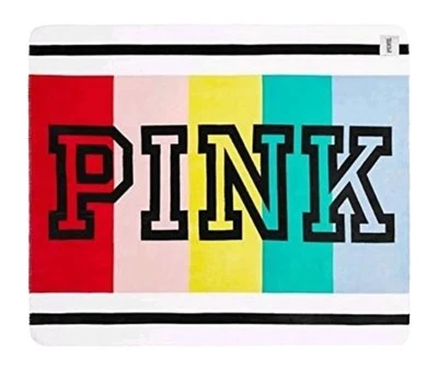 NIP Victorias Secret PINK Rainbow Stripe Sherpa Throw Blanket Large Logo Cozy - Image 1 of 2