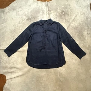 Saks Fifth Avenue Shirt Womens Size Large Navy Blue 100% Linen Tie Up Top - Picture 1 of 8
