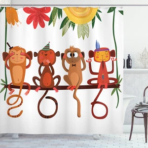 Monkey Shower Curtain Animals Sitting Branch Print for Bathroom - Picture 1 of 8