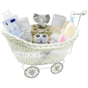 PRAM BASKET GIFT LARGE WICKER HAMPER FOR BOY GIRL NEW BORN BABY SHOWER PART - Picture 1 of 2