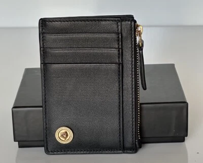 Cartera para tarjetas Versace cabeza de medusa negra de cuero de becerro con cremallera 1006197 Italia nueva con etiquetas $375 Foto 1 de 4