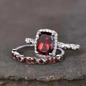 2.40 Ct Lab Created Red Garnet 14K White Gold Plated Bridal Set Engagement Ring - Picture 1 of 9
