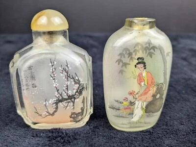 Пара винтажных китайских стеклянных табакерок с обратной росписью цветы вишни - Изображение 1 из 4