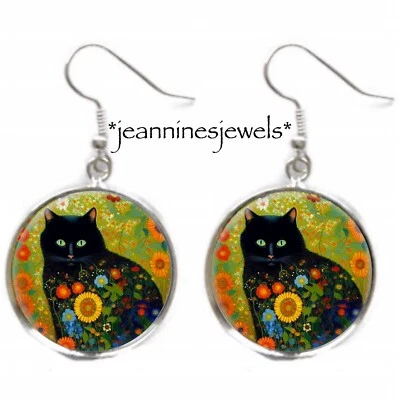Pendientes de gato negro Klimt flor jardín arte impresión plata encanto pendientes colgantes Foto 1 de 4