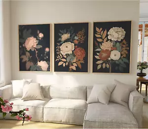 Vintage Flower Wall Art Dark Floral Canvas Wall Art Botanical Farmhouse Prints B - Picture 1 of 7