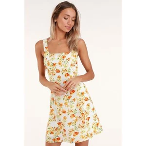 Lulus Day Date White and Orange Floral Print Tie-Back Dress M - Picture 1 of 7