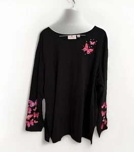 Quaker Factory 2X Black Top Butterfly Embroidery Sequin Long Sleeves Stretchy! - Picture 1 of 13