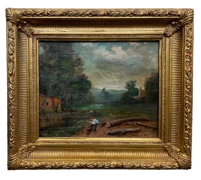 Barbizon 古董学校 - 油画帆布绘画 - 河上的渔夫 — 第 1/4 张图片