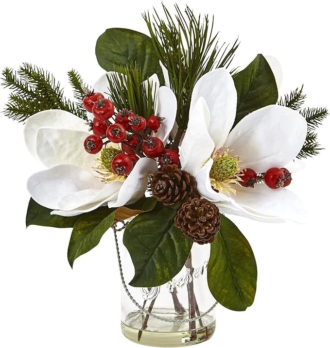 Nearly Natural Magnolia, Pine, and Berry Holiday Arrangement in Glass Vase - Image 1 of 1