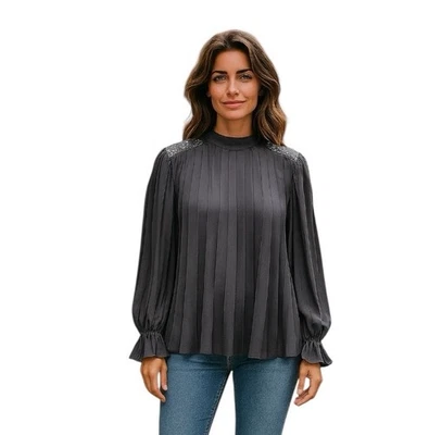 Blusa MUSTARD SEED Negra Micropliegue Columpio Detalle Encaje Manga Globo Mediana Foto 1 de 4