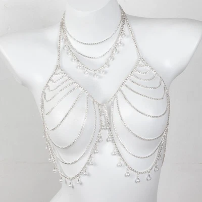Sujetador Bralette Top Rave Perla Estrás Arnés de Pecho Cintura Cadena Cuerpo Joyería Foto 1 de 4