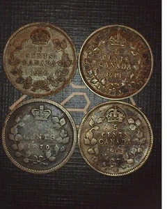 Silver Coin Lot Canada 5 Cents 1870,1903H,1914,1920 - Picture 1 of 9