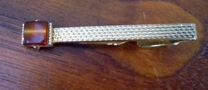 Swank Textured Gold Tone Tie Bar Clip Brown Tiger eye Stone Accent - Picture 1 of 5
