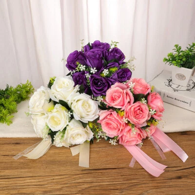 Wedding Bridal Bouquet Artificial Rose Flowers w/ Ribbon Party Home Wedding Deco - image 1 of 4