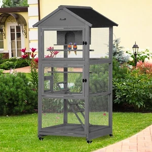 Bird Cage, Wooden Rolling Bird Aviary with Wheel, Perch, Nest, Ladder, Tray - Picture 1 of 11