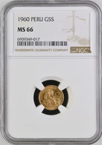 :1960 G5S PERU 5 SOLES SEATED-LIBERTY NGC MS 66 RARITY R6 LOW POP HIGHEST-GRADES - Picture 1 of 4