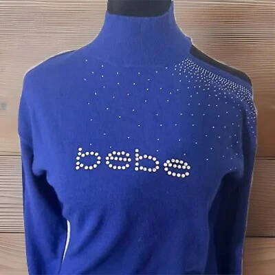BEBE Crystal Rhinestone Logo Blue Long Sleeve Sweater Dress Large Y2K Bling - Image 1 of 4