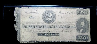 $2 Two Dollars Confederate Currency  Note  Nice Details Low grade   ---- #21 - Image 1 of 3