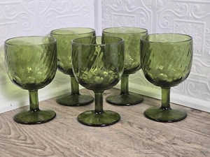 Set of (5) Vintage Bartlett & Collins Avacado Green Glass Thumbprint Goblets MCM - Picture 1 of 6