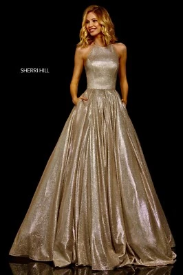 NWT Sherri Hill Glitter Ball Gown Size 6 High Cut Halter Mocha Silver 52964 Prom - Image 1 of 4