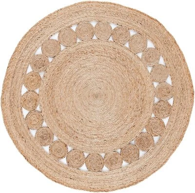Jute Rug Round Beige Circle Design Farmhouse Area Rug Rustic Look Rug Boho Rug - Image 1 of 4