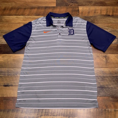 Nike Polo Shirt Adult Small Gray Striped DriFit Detroit Tigers Cover
