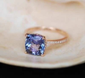 Cushion Cut Lab Created Tanzanite 14K Rose Gold Plated Engagement Wedding Ring - Picture 1 of 4