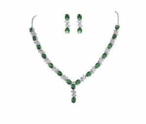 White Gold Finish Green Emerald And Created Diamond Necklace Earrings  - Picture 1 of 8