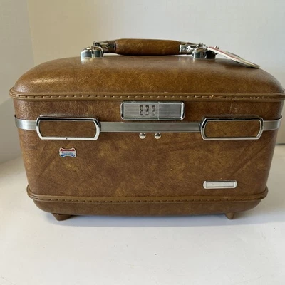 Vtg Marbled Brown American Tourister Escort Train Case Cosmetic Bag Luggage WTag - Image 1 of 4