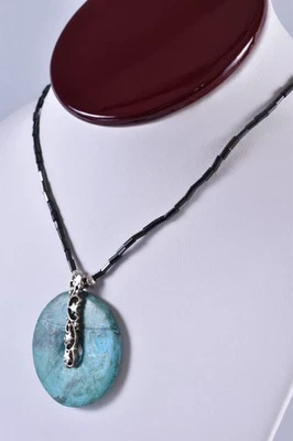 18-1/2" Natural Turquoise Pendant & Black Glass Tube Necklace Sterling Silver - Image 1 of 4