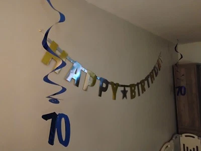 70th Birthday Party Decorations 5 Hanging Whirls 36" Foils And Happy Banner - Image 1 of 4