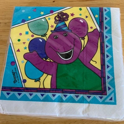 Servilletas de cumpleaños Barney vintage 16 2 capas almuerzo nuevo de stock sellado dinosaurio púrpura 1995 Foto 1 de 4