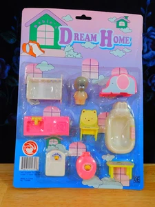 Muebles vintage para casa de muñecas Dream Home sin usar, en caja, plástico, China, cuarto de baño guardería - Imagen 1 de 7
